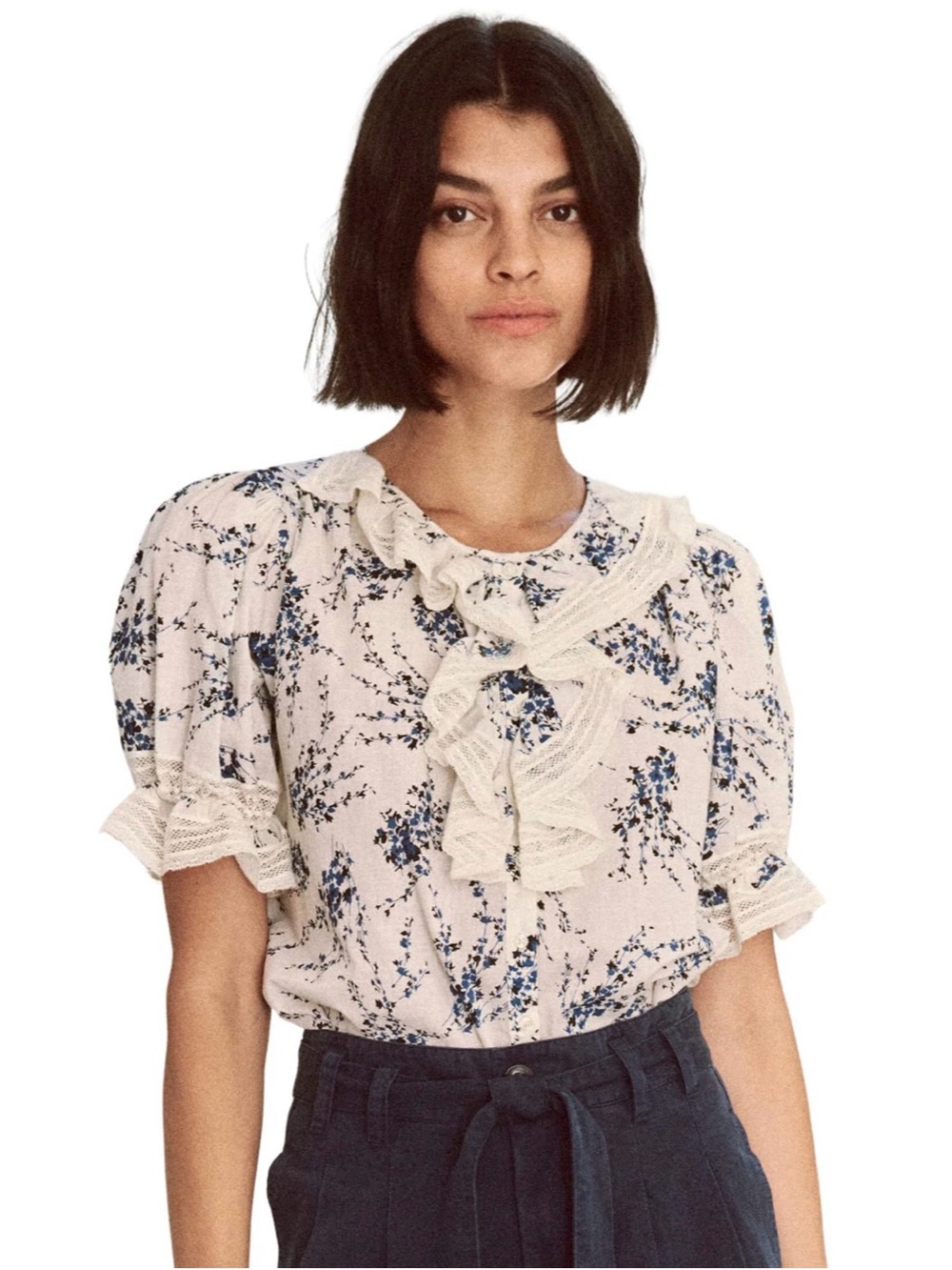 THE GREAT. Floral Ruffle Lace-Trim Blouse - White/Blue